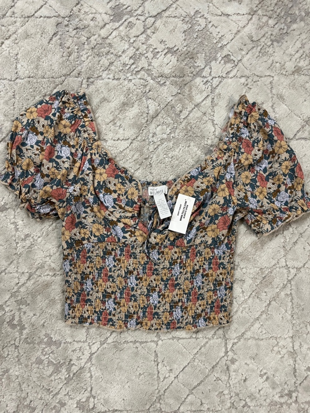 Smocked Floral Puff-Sleeve Crop Top in Mustard